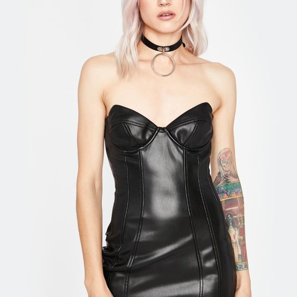 🎃Dolls Kill Vegan Bodycon Strapless Dress Black L - Picture 2 of 10